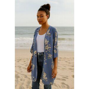 Live 4 Truth Boho Floral Open Kimono OS Blue White Lightweight Cottagecore Chic